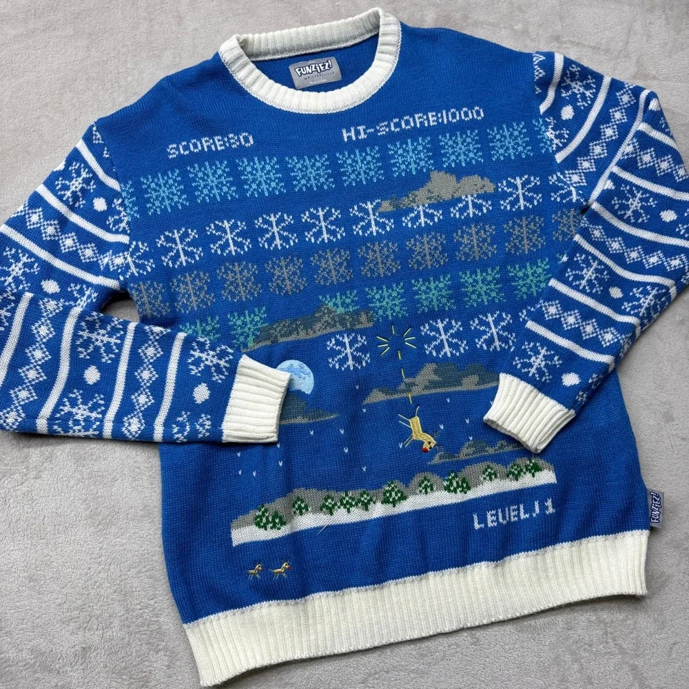 Funziez Ugly Christmas Sweater Mens Large Blue Retro Video Game 8-Bit Holiday